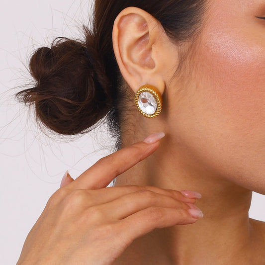 Design 18K Gold Stainless Steel Oval Glass Stone Earrings